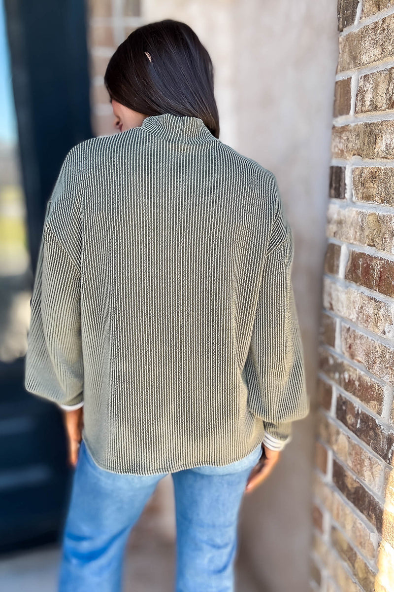 2 Hearts Olive Long Bishop Sleeve Ribbed Top