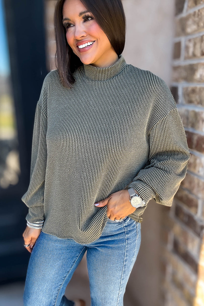 2 Hearts Olive Long Bishop Sleeve Ribbed Top