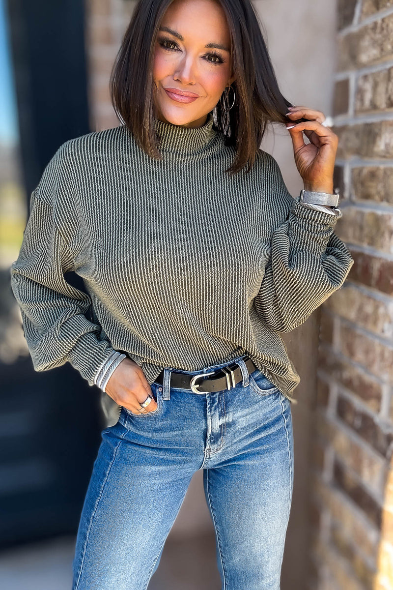 2 Hearts Olive Long Bishop Sleeve Ribbed Top