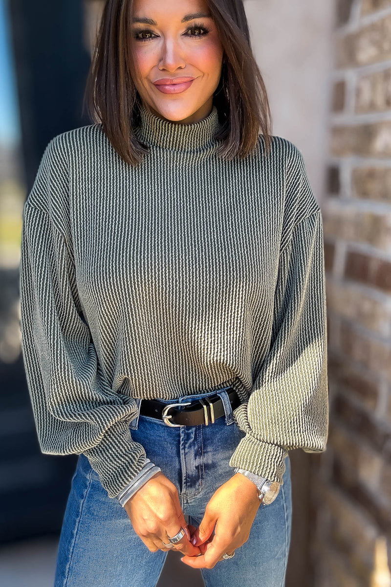 2 Hearts Olive Long Bishop Sleeve Ribbed Top