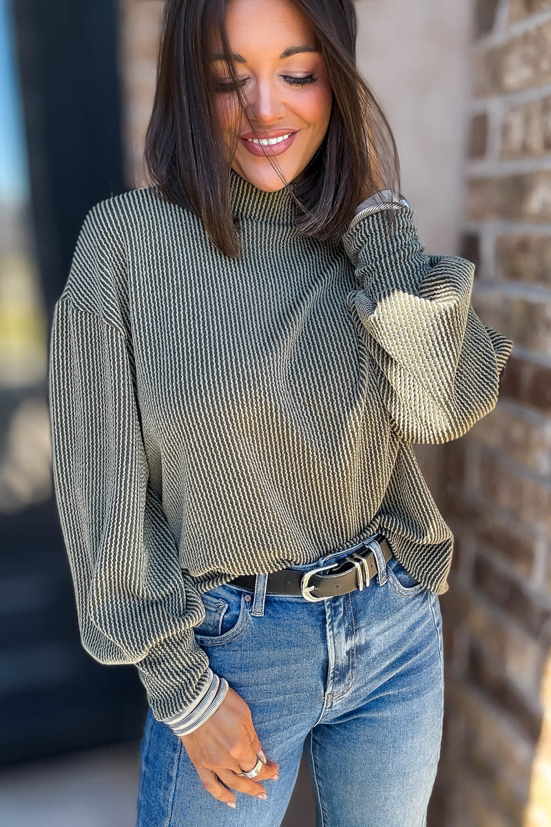 2 Hearts Olive Long Bishop Sleeve Ribbed Top