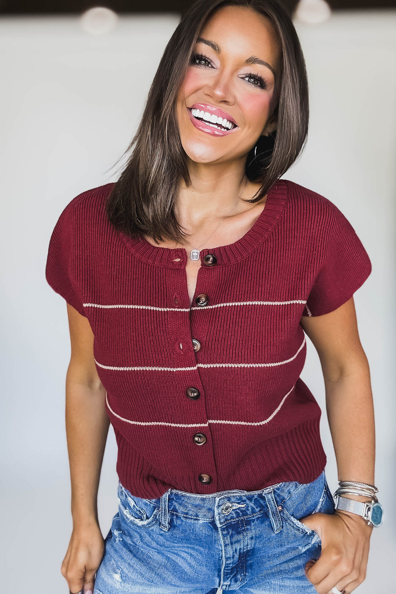 Stripe Button Down Crimson Short Sleeve Knit Cardigan