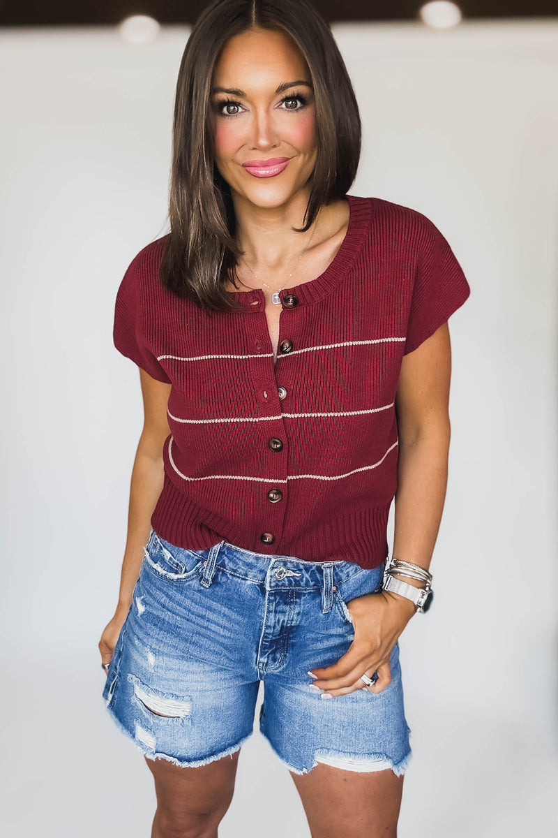 Stripe Button Down Crimson Short Sleeve Knit Cardigan
