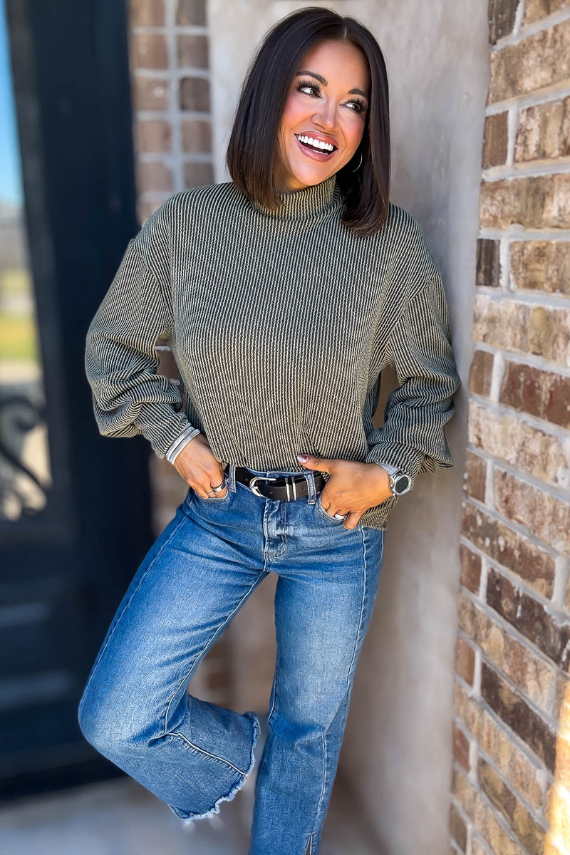 2 Hearts Olive Long Bishop Sleeve Ribbed Top