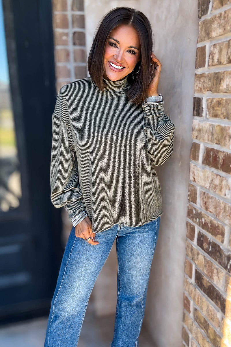 2 Hearts Olive Long Bishop Sleeve Ribbed Top