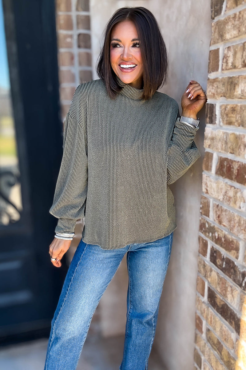 2 Hearts Olive Long Bishop Sleeve Ribbed Top