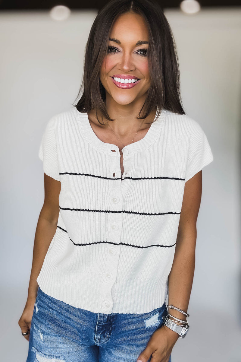 Stripe Button Down Cream Short Sleeve Knit Cardigan