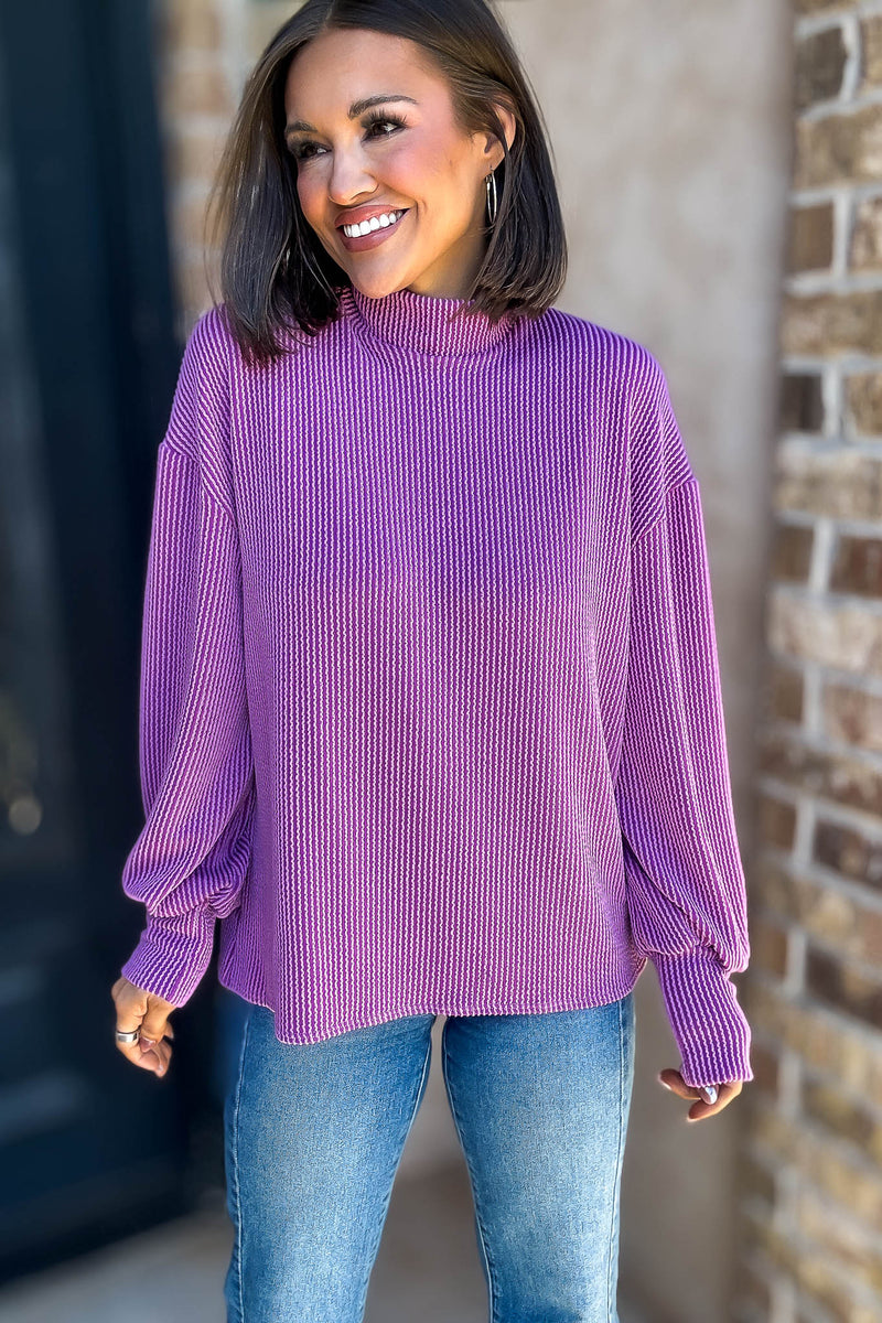 2 Hearts Magenta Long Bishop Sleeve Ribbed Top