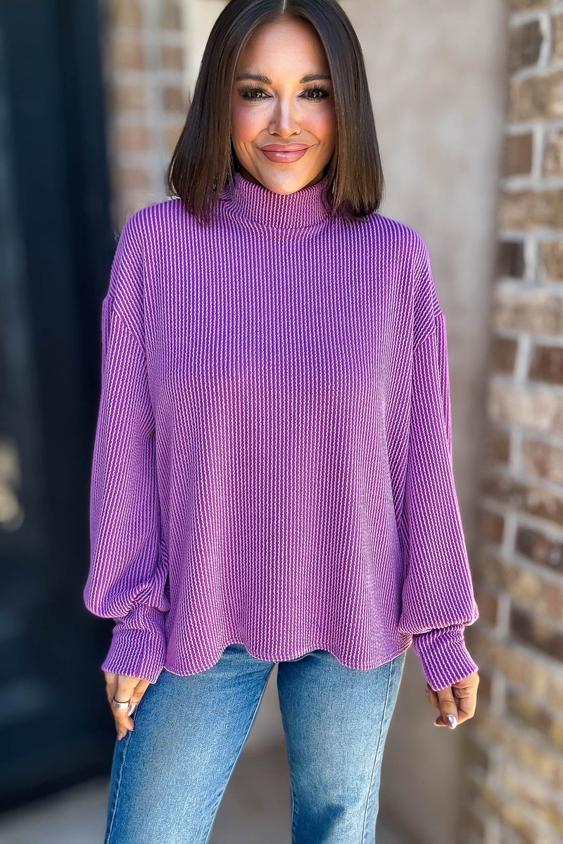 2 Hearts Magenta Long Bishop Sleeve Ribbed Top