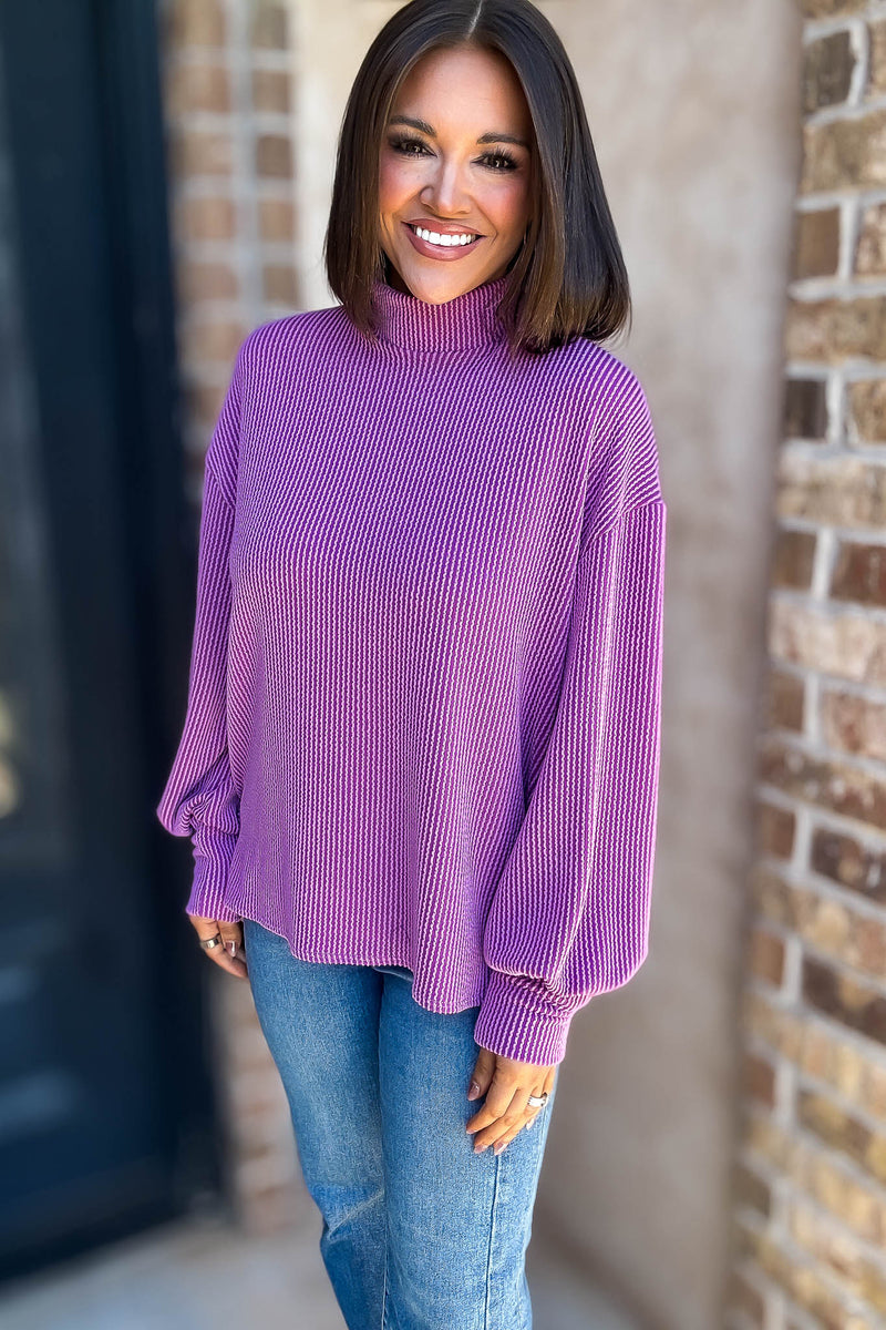 2 Hearts Magenta Long Bishop Sleeve Ribbed Top