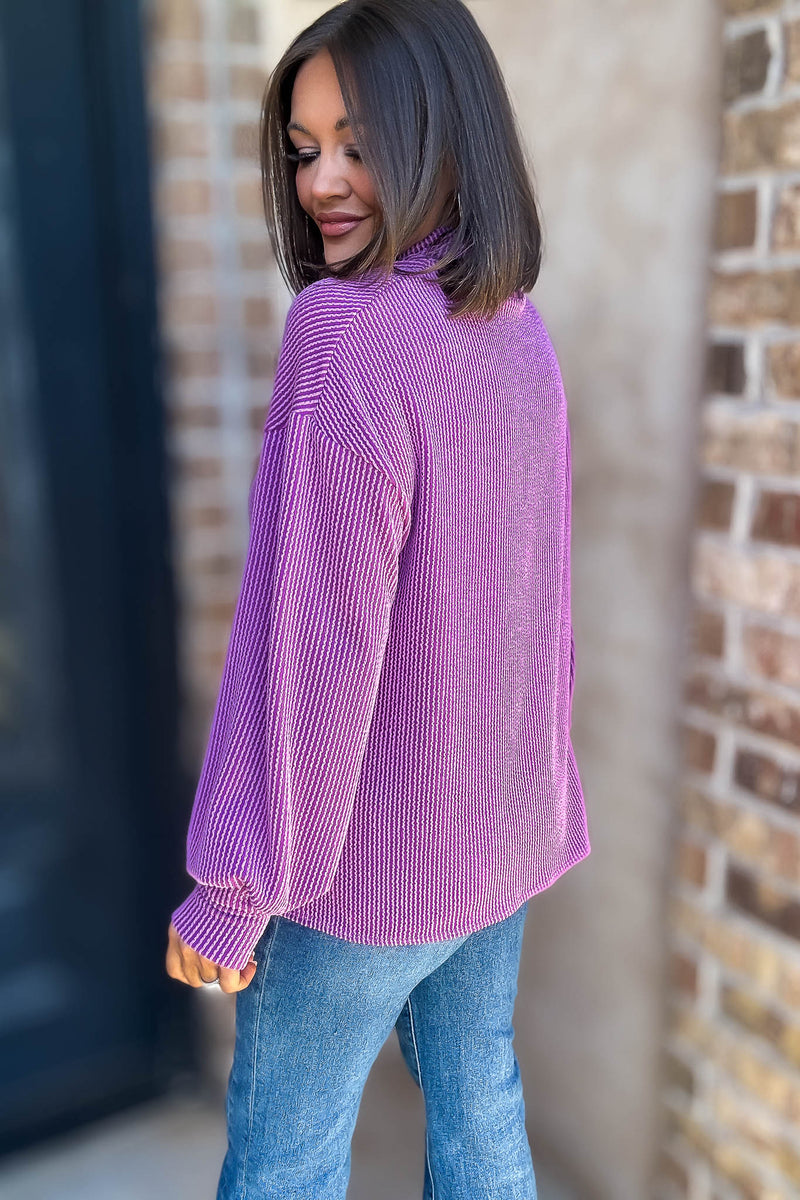 2 Hearts Magenta Long Bishop Sleeve Ribbed Top
