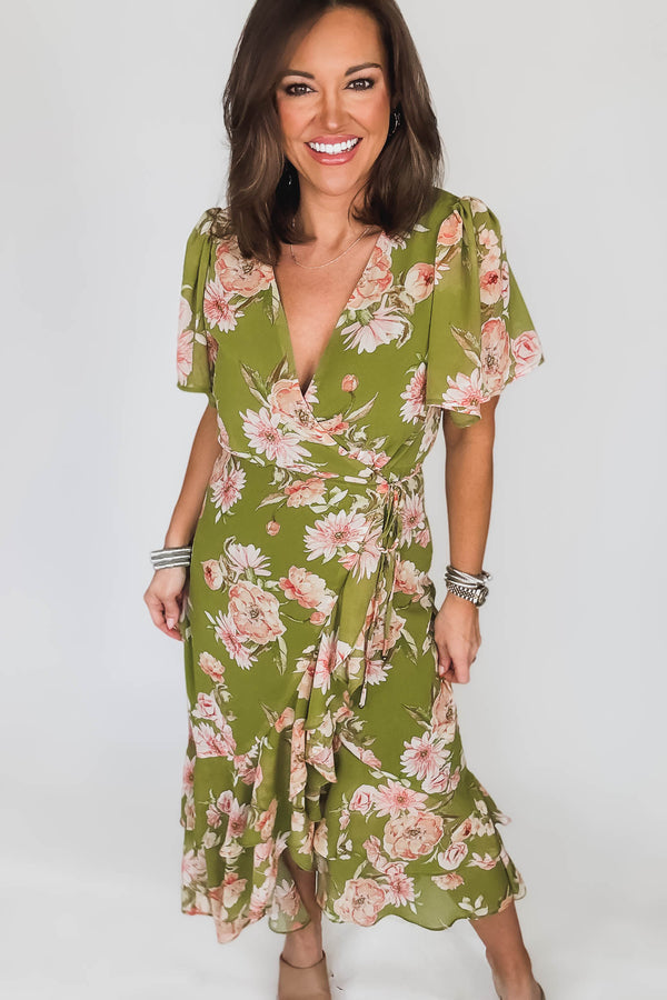 Dream Girl Pistachio Double Ruffled Hem Wrap Dress