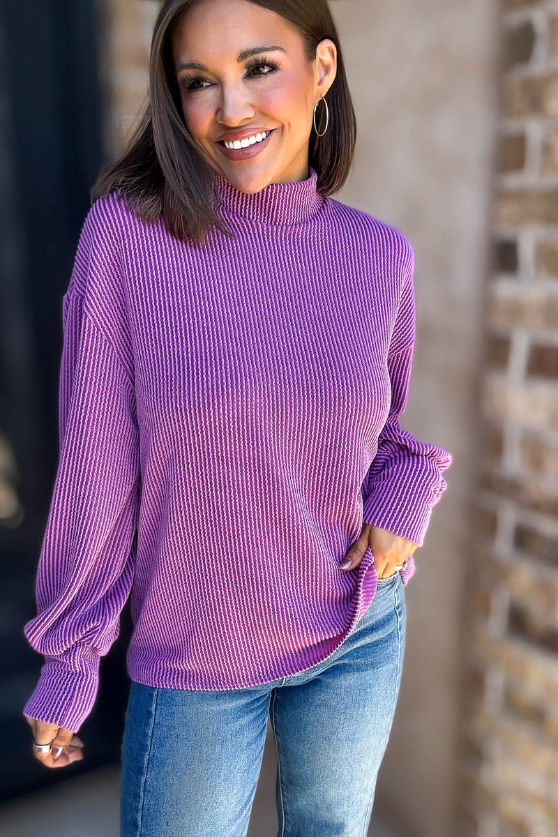 2 Hearts Magenta Long Bishop Sleeve Ribbed Top