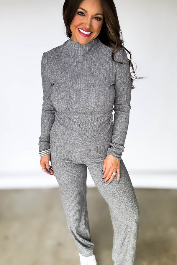 Petal Hem Heather Grey Ribbed Knit Long Sleeve Top