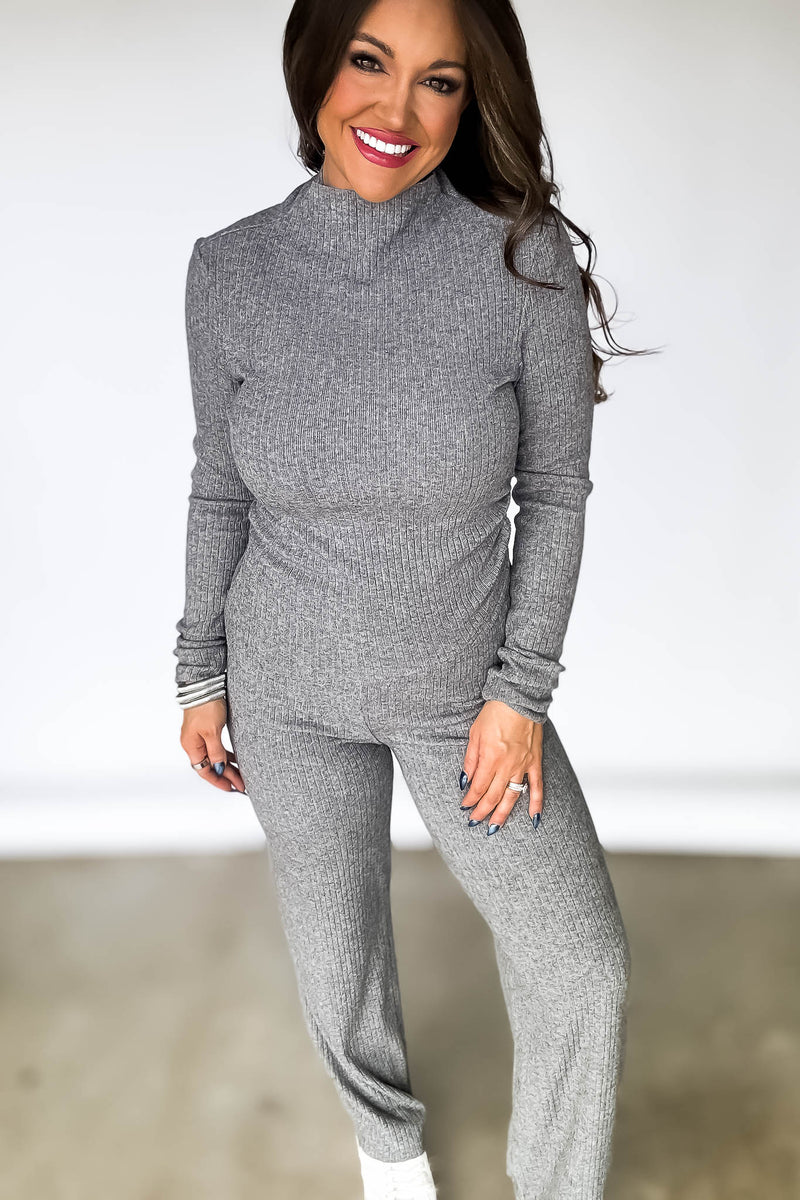 Petal Hem Heather Grey Ribbed Knit Long Sleeve Top