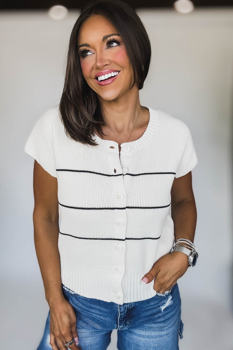 Stripe Button Down Cream Short Sleeve Knit Cardigan