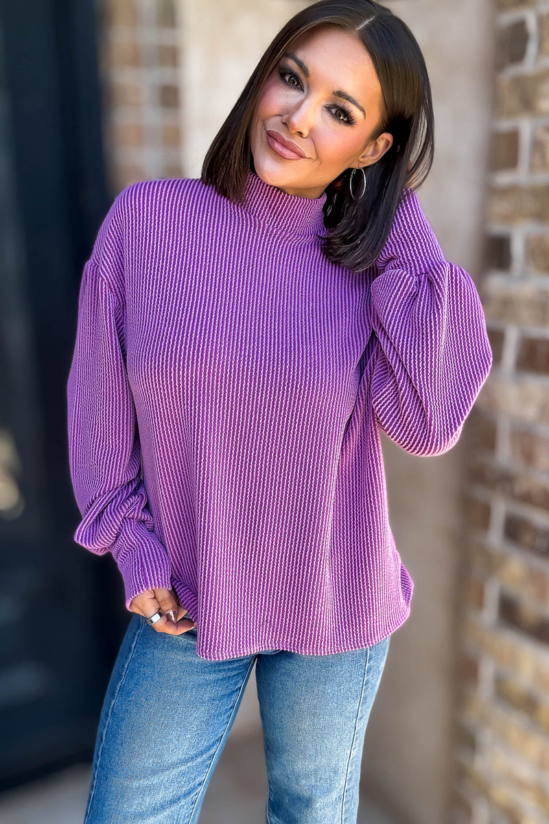 2 Hearts Magenta Long Bishop Sleeve Ribbed Top