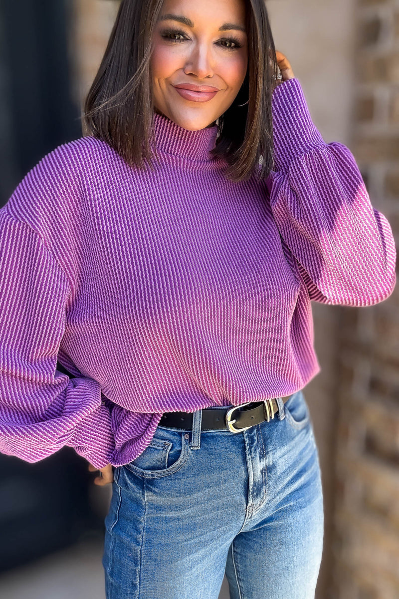 2 Hearts Magenta Long Bishop Sleeve Ribbed Top