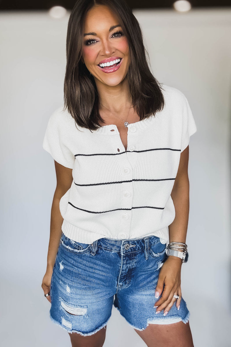 Stripe Button Down Cream Short Sleeve Knit Cardigan