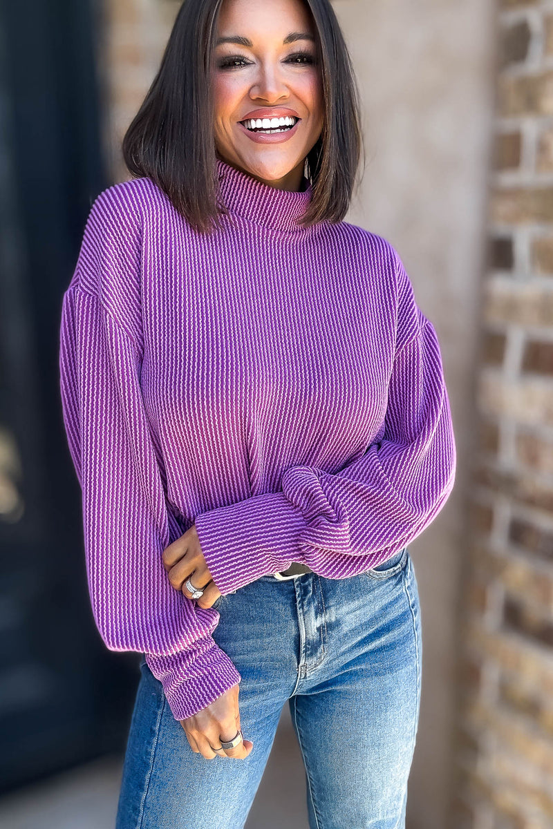 2 Hearts Magenta Long Bishop Sleeve Ribbed Top
