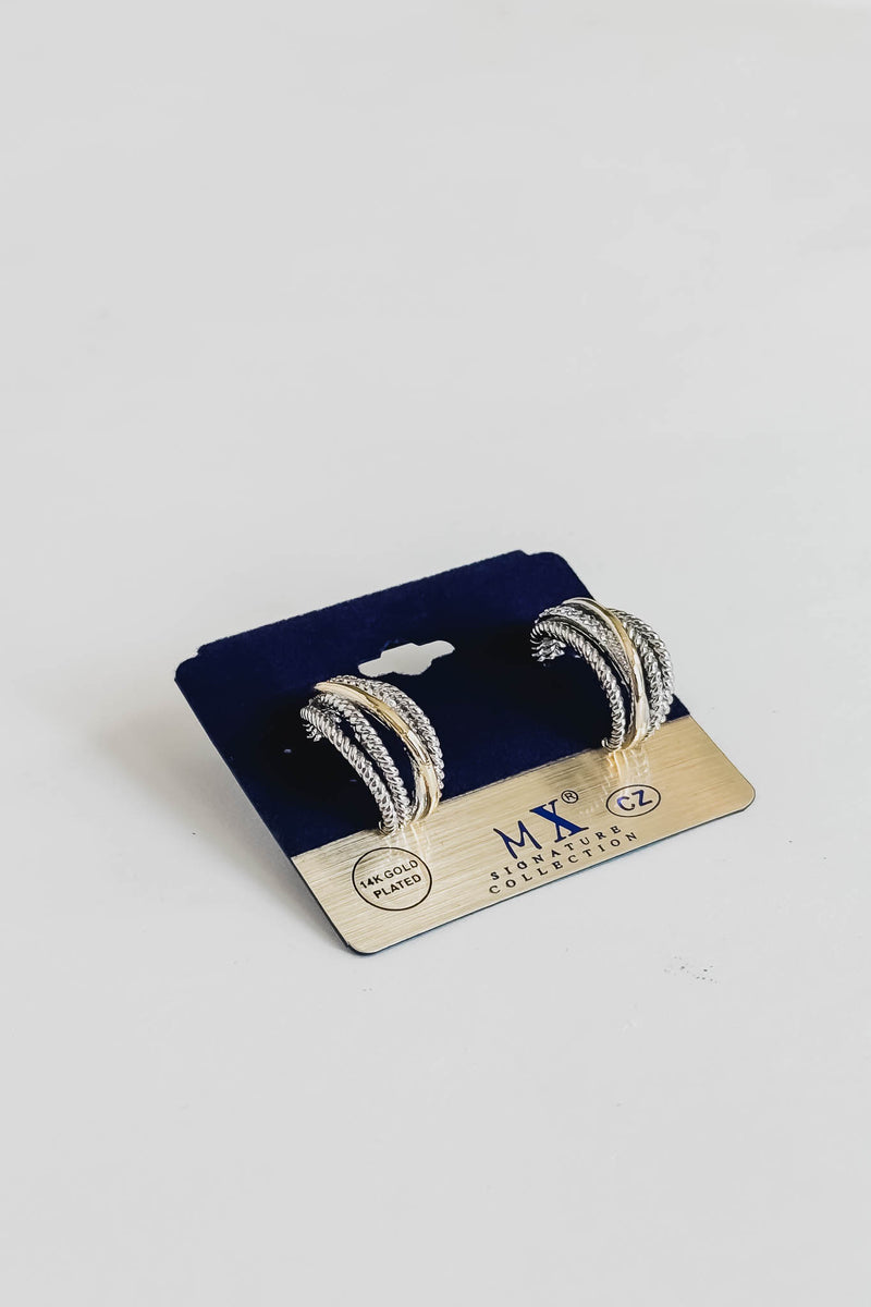 14K Two Tone CZ Rope Metal Half Hoop Earrings