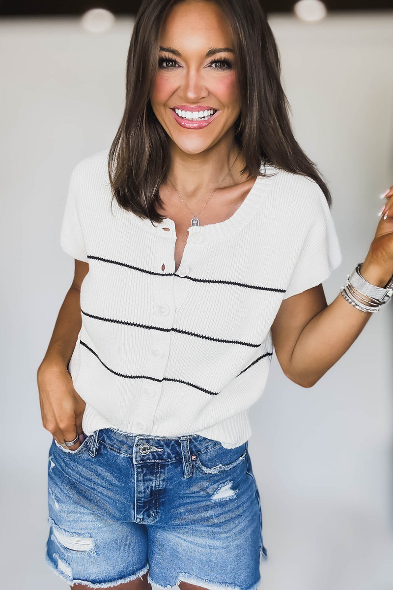 Stripe Button Down Cream Short Sleeve Knit Cardigan