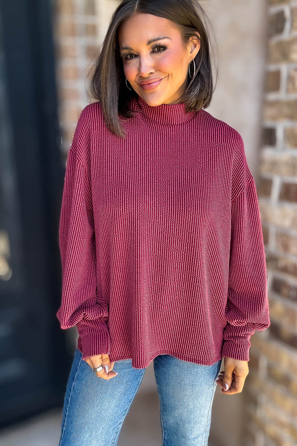 2 Hearts Cranberry Long Bishop Sleeve Ribbed Top