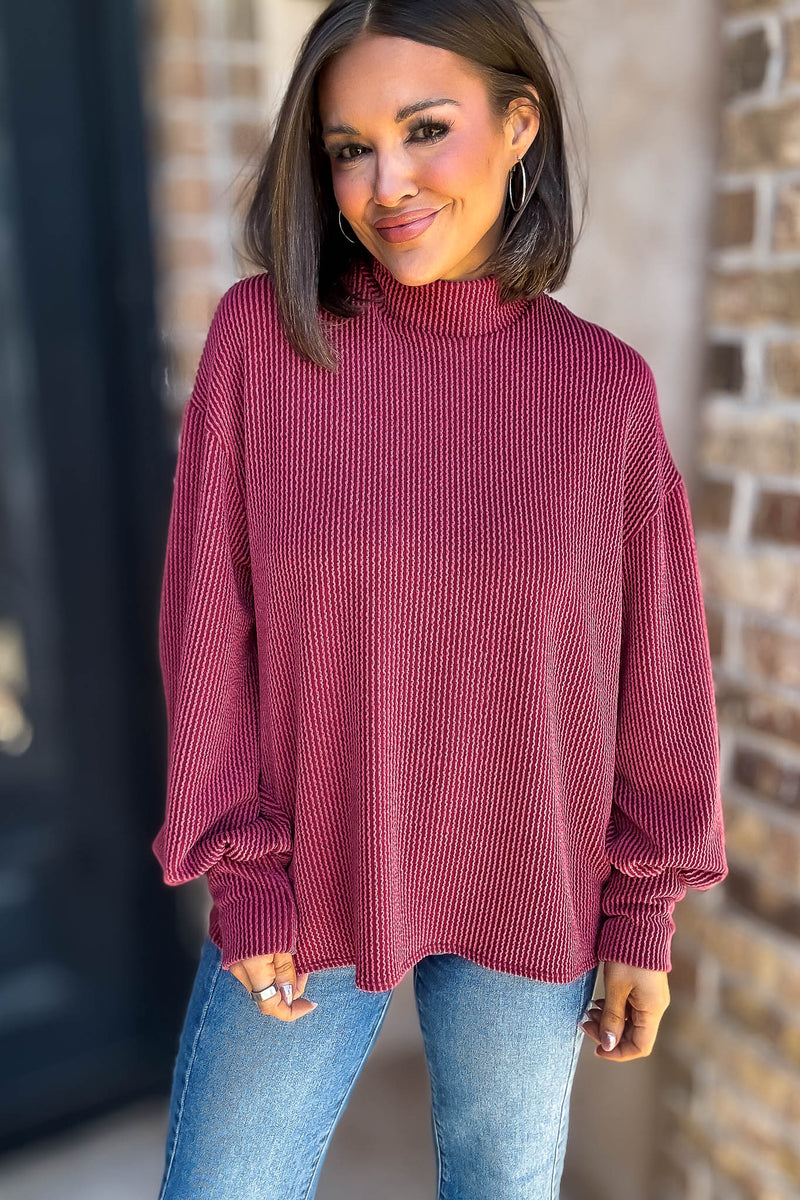 2 Hearts Cranberry Long Bishop Sleeve Ribbed Top