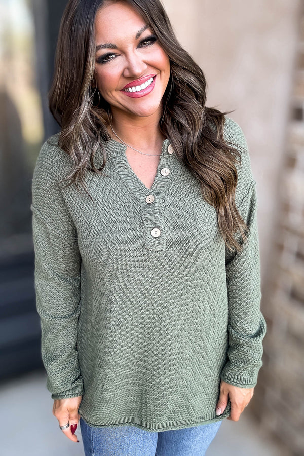 Button Light Olive Henley Neckline Basic Sweater