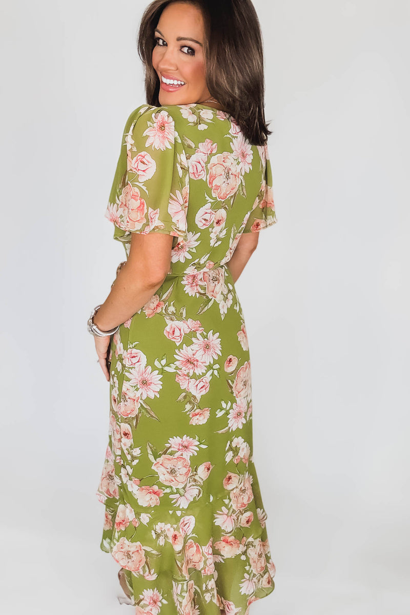 Dream Girl Pistachio Double Ruffled Hem Wrap Dress