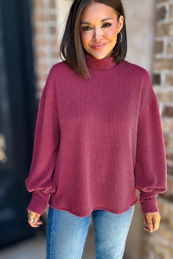 2 Hearts Cranberry Long Bishop Sleeve Ribbed Top