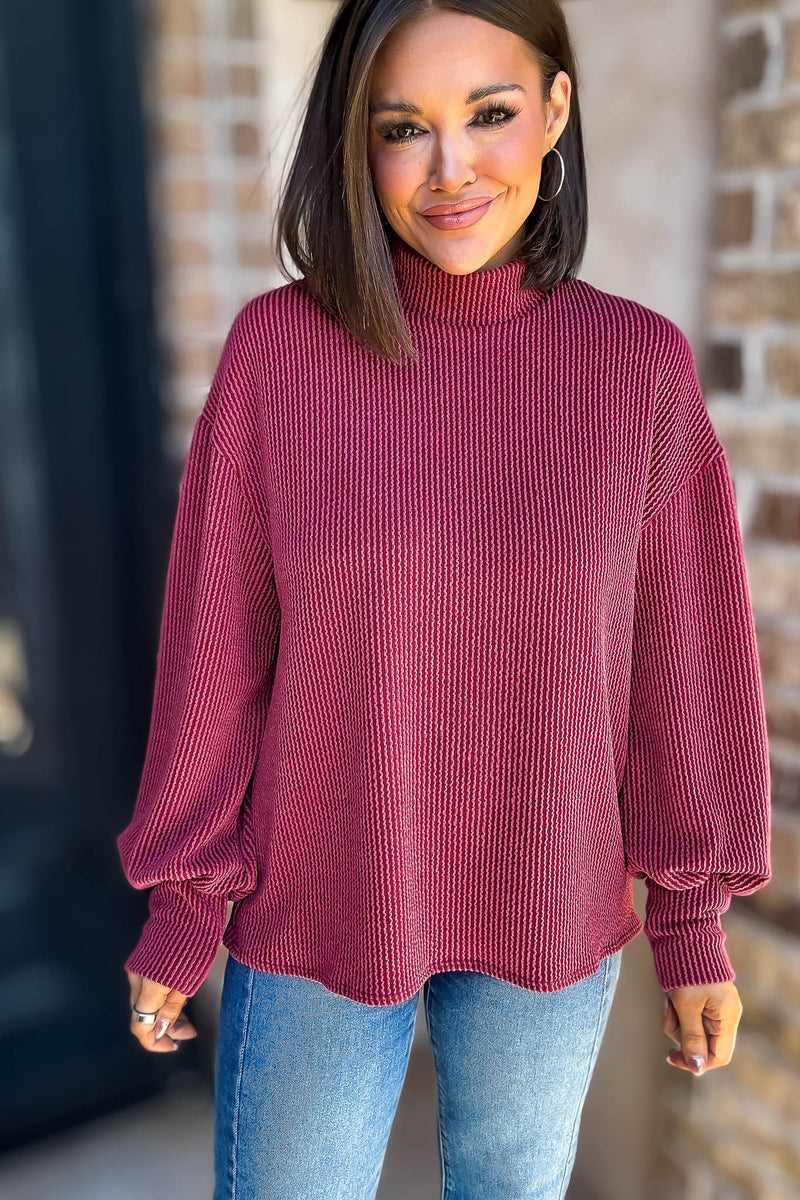 2 Hearts Cranberry Long Bishop Sleeve Ribbed Top