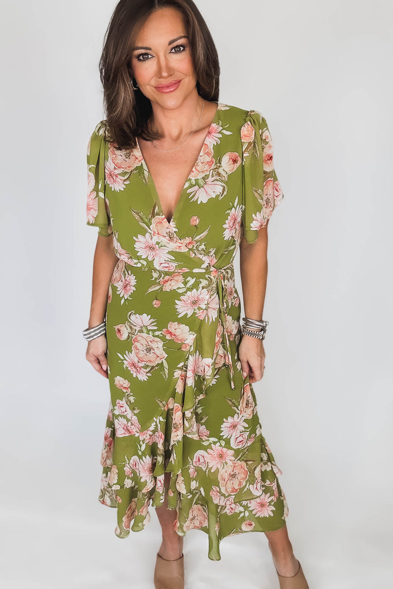Dream Girl Pistachio Double Ruffled Hem Wrap Dress