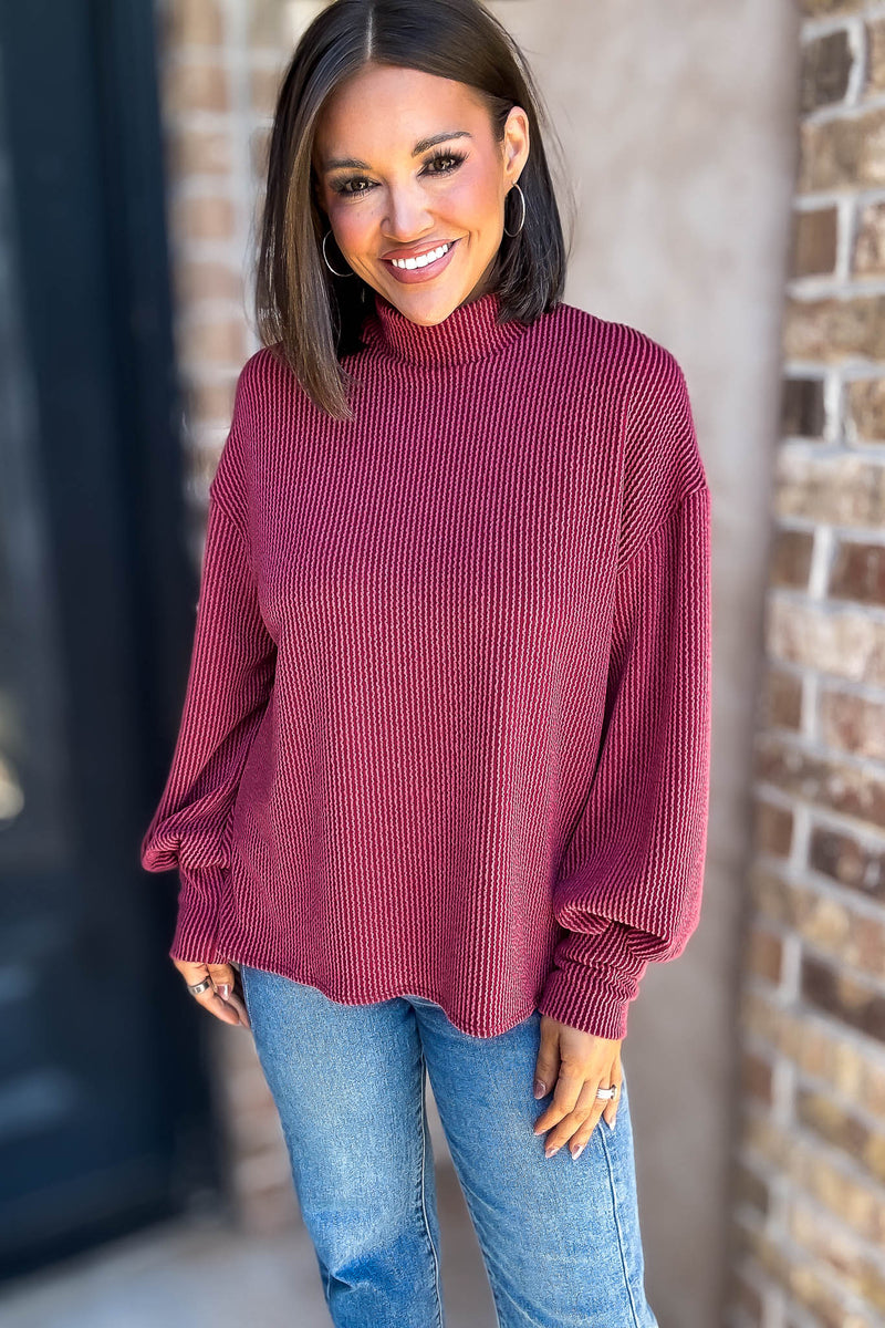 2 Hearts Cranberry Long Bishop Sleeve Ribbed Top