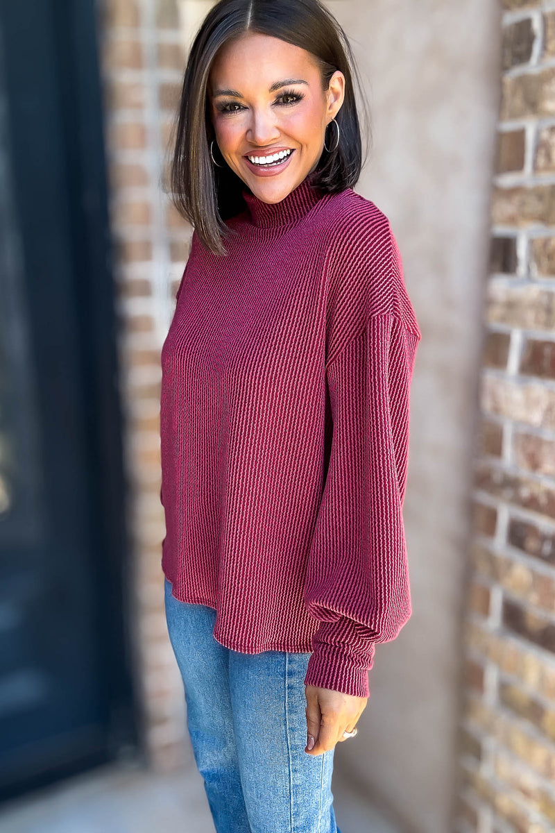 2 Hearts Cranberry Long Bishop Sleeve Ribbed Top