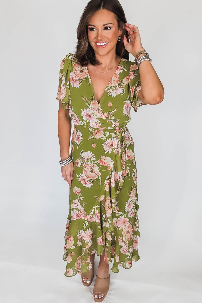 Dream Girl Pistachio Double Ruffled Hem Wrap Dress