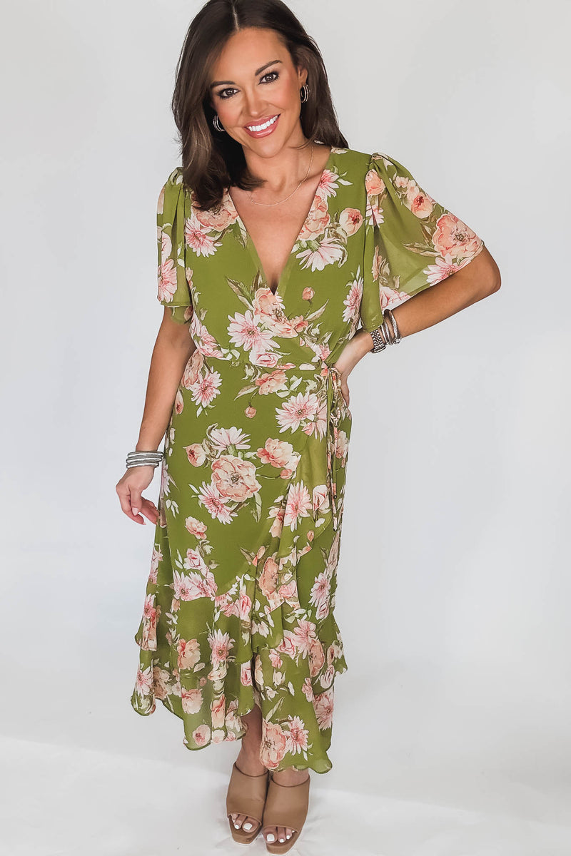 Dream Girl Pistachio Double Ruffled Hem Wrap Dress