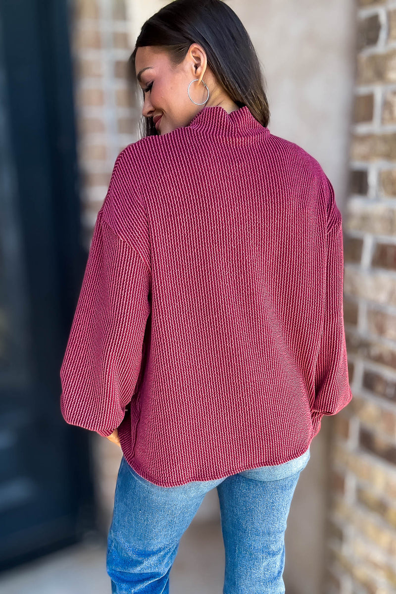 2 Hearts Cranberry Long Bishop Sleeve Ribbed Top