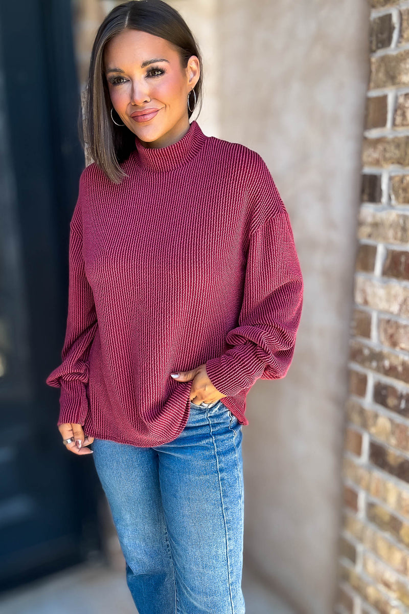 2 Hearts Cranberry Long Bishop Sleeve Ribbed Top