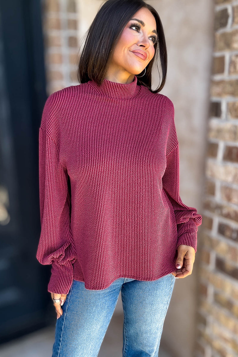 2 Hearts Cranberry Long Bishop Sleeve Ribbed Top