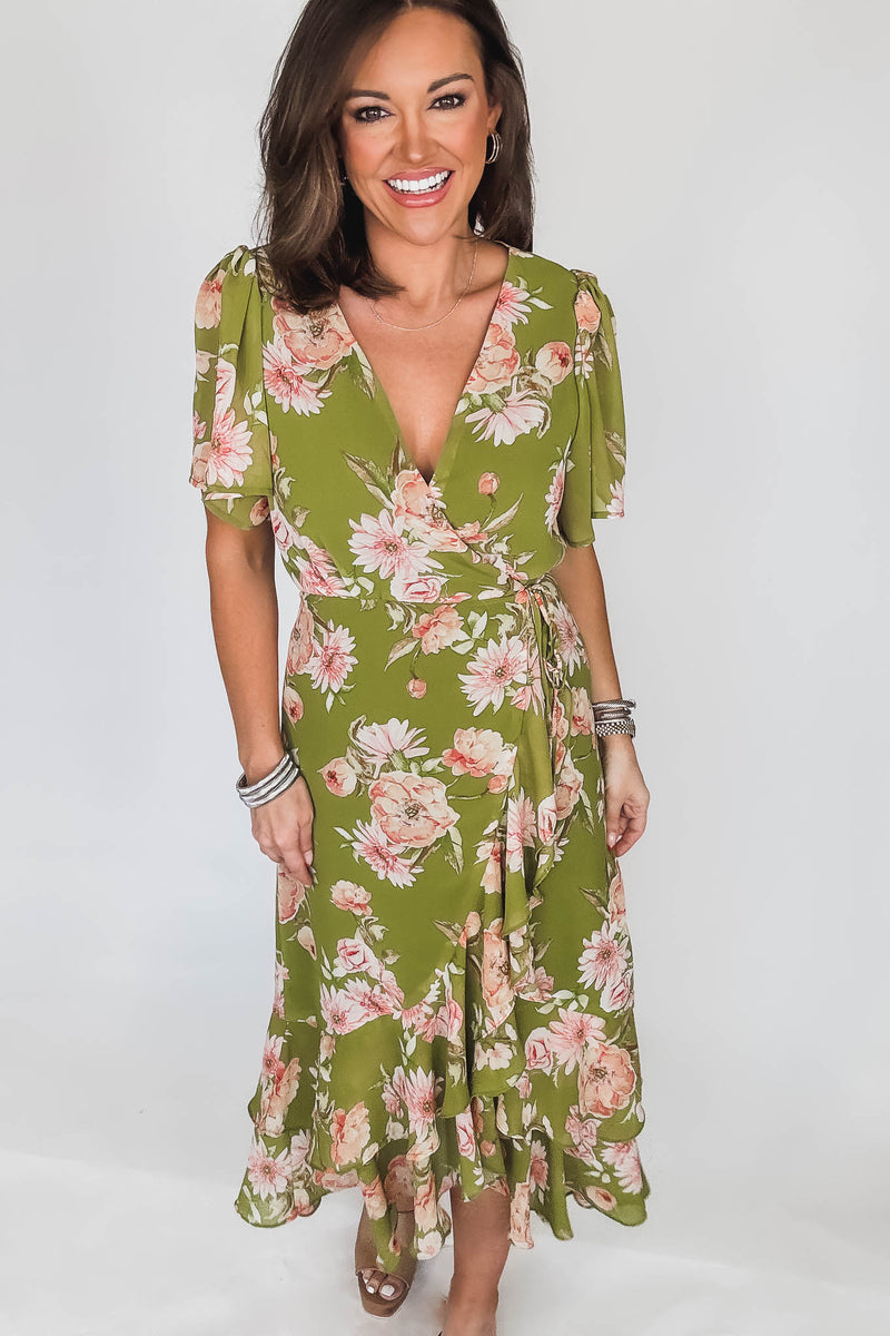 Dream Girl Pistachio Double Ruffled Hem Wrap Dress
