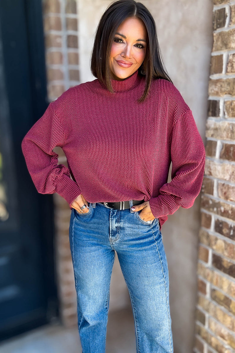 2 Hearts Cranberry Long Bishop Sleeve Ribbed Top