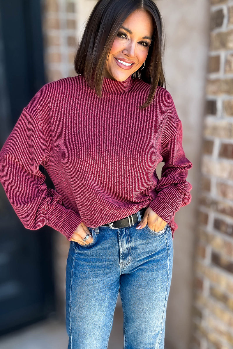 2 Hearts Cranberry Long Bishop Sleeve Ribbed Top