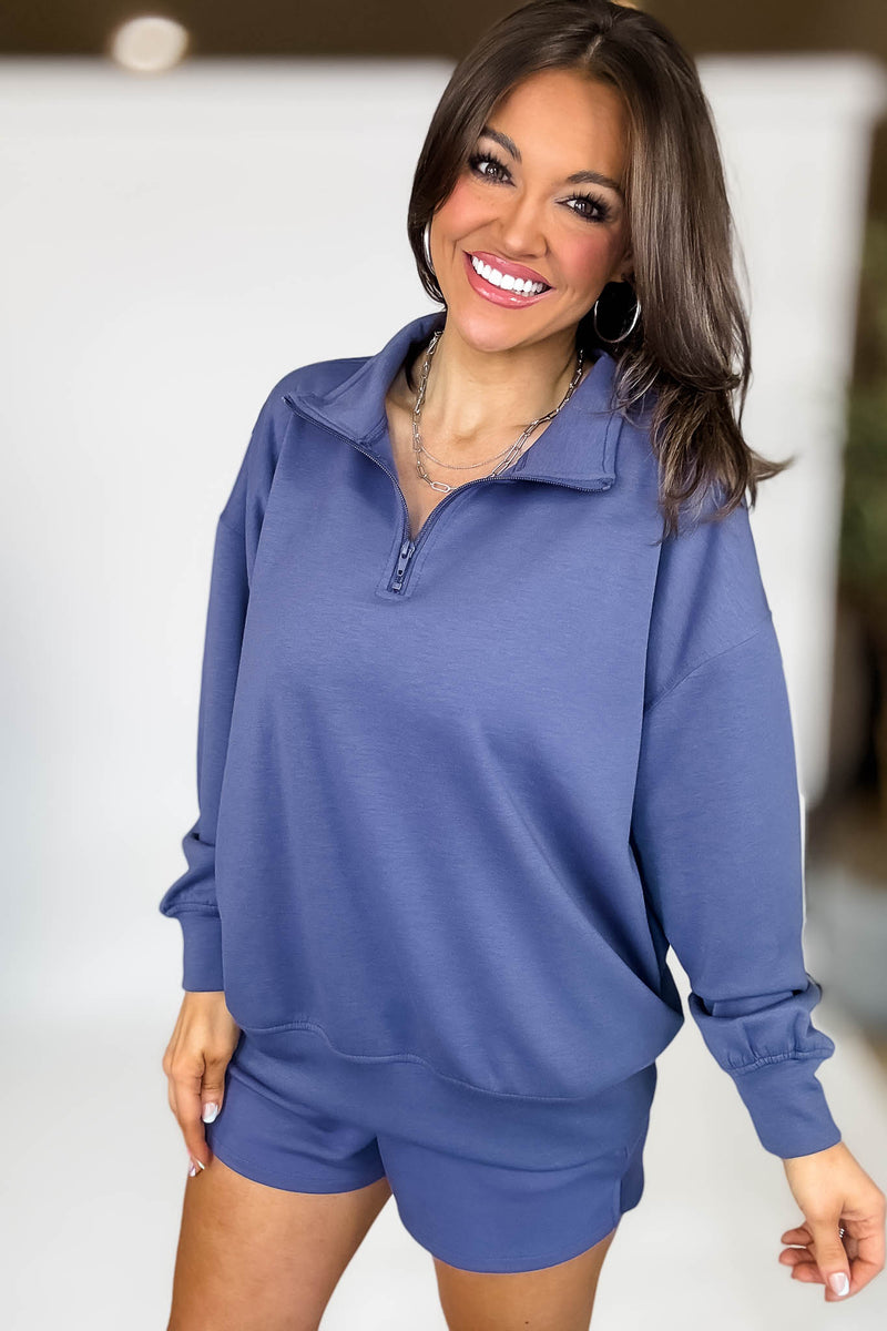 Scuba Half Indigo Blue Zip Pullover Top