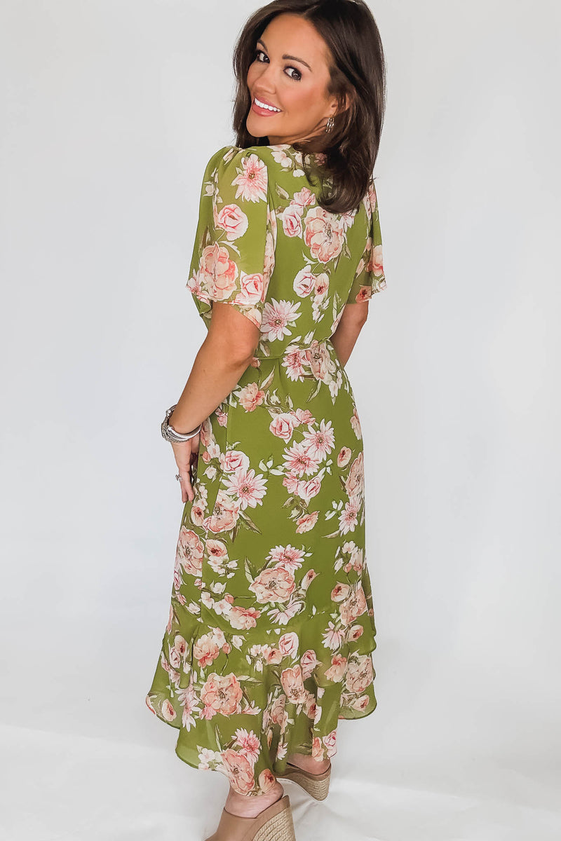 Dream Girl Pistachio Double Ruffled Hem Wrap Dress