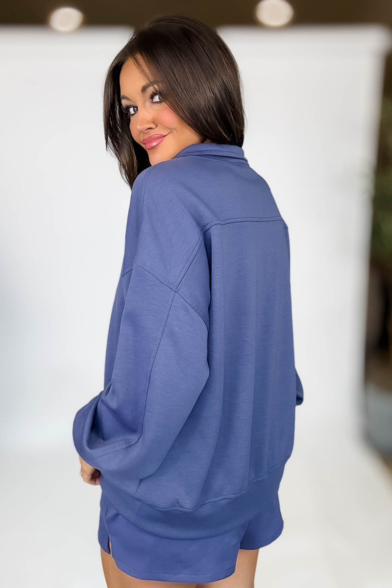 Scuba Half Indigo Blue Zip Pullover Top