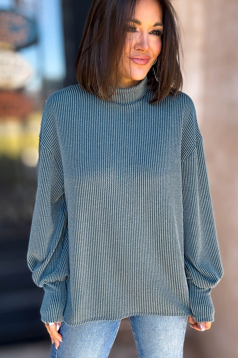 2 Hearts Teal Long Bishop Sleeve Ribbed Top