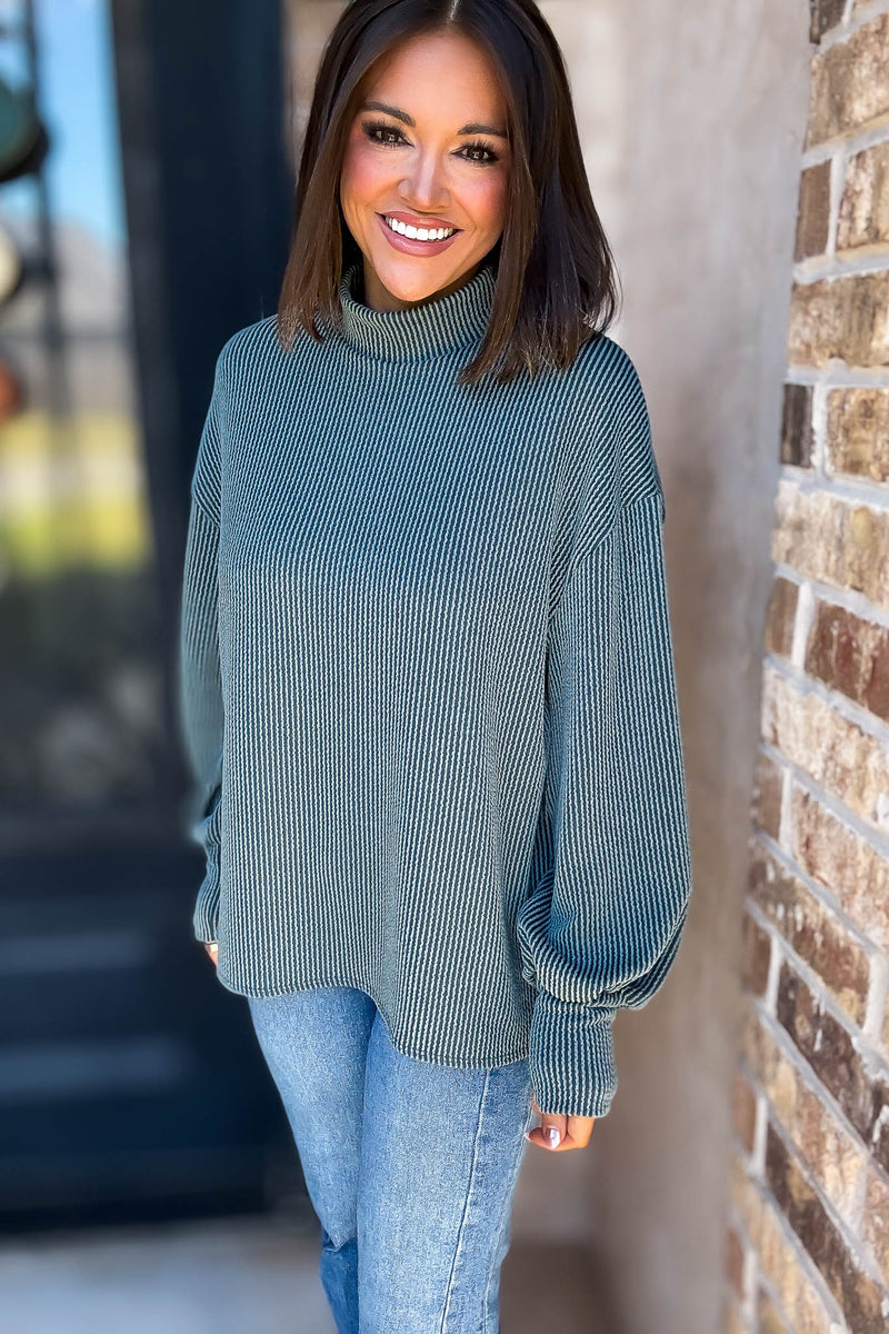 2 Hearts Teal Long Bishop Sleeve Ribbed Top