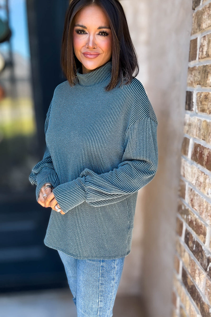 2 Hearts Teal Long Bishop Sleeve Ribbed Top