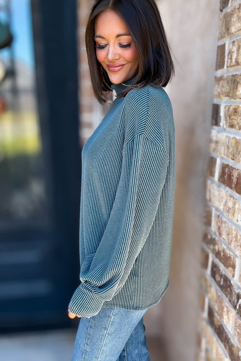 2 Hearts Teal Long Bishop Sleeve Ribbed Top